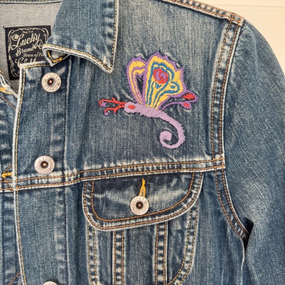 Lucky Brand Rare Embroidered Mushroom and Butterfly Denim Jacket size M Vtg Y2K - Picture 3 of 13